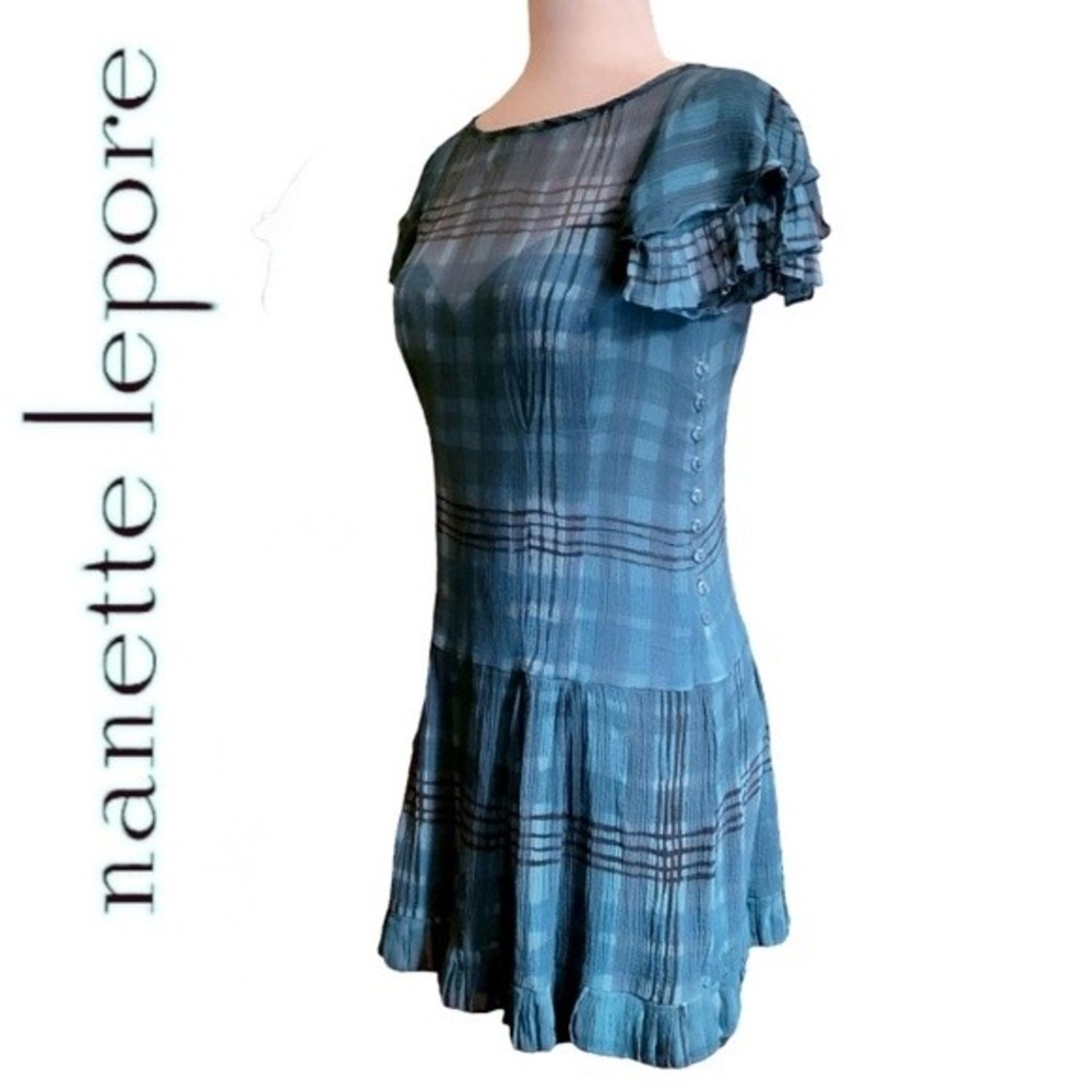 Beautiful Nanette Lapore 2-pc Silk Plaid Turqoiuse Blue Short Sleeve Dress, sz 2 - Picture 14 of 16